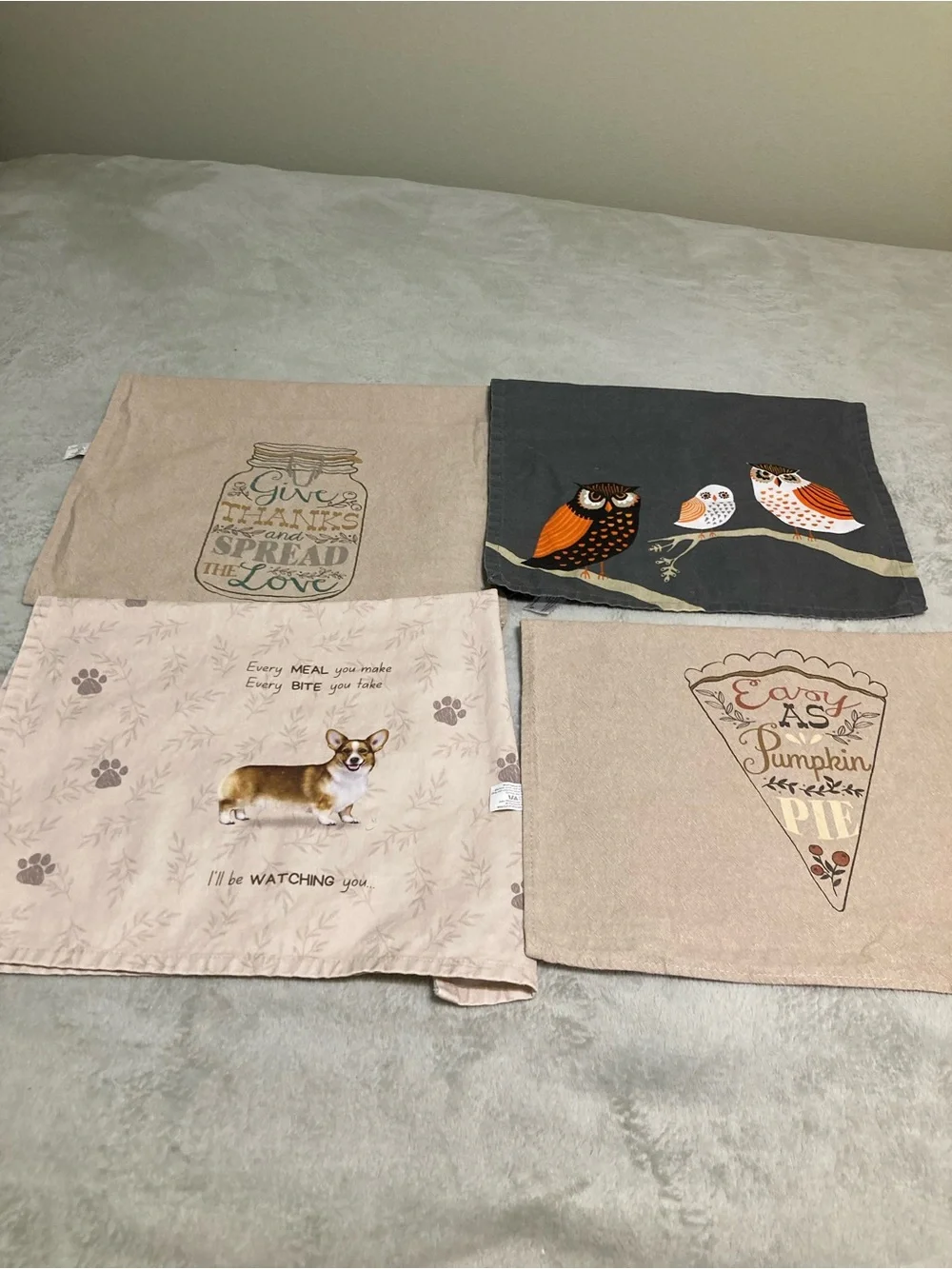 Kitchen Linens Set - Owl & Autumn Designs in Beige, Black, Orange Bundle Of 4